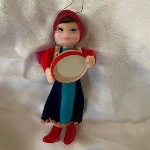 Vintage Doll Ornament playing Tambourine Japan 50's-60's-Sweet!